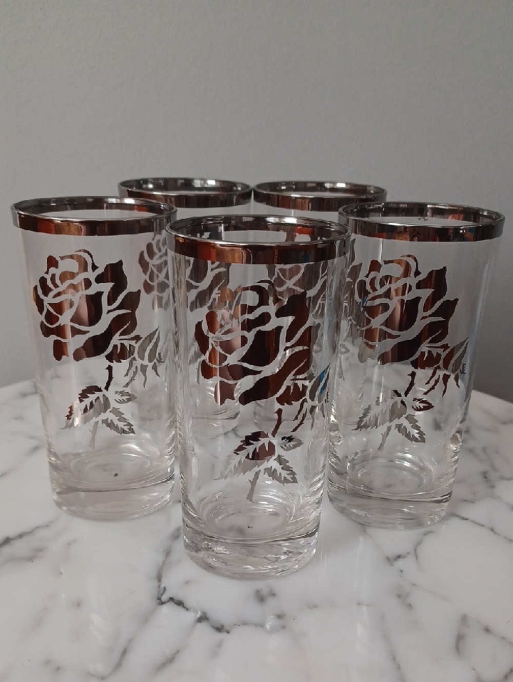 Vintage Rose Glasses With Silver Tone Rose Mirror Finish ~ 12 Oz Set Of 5